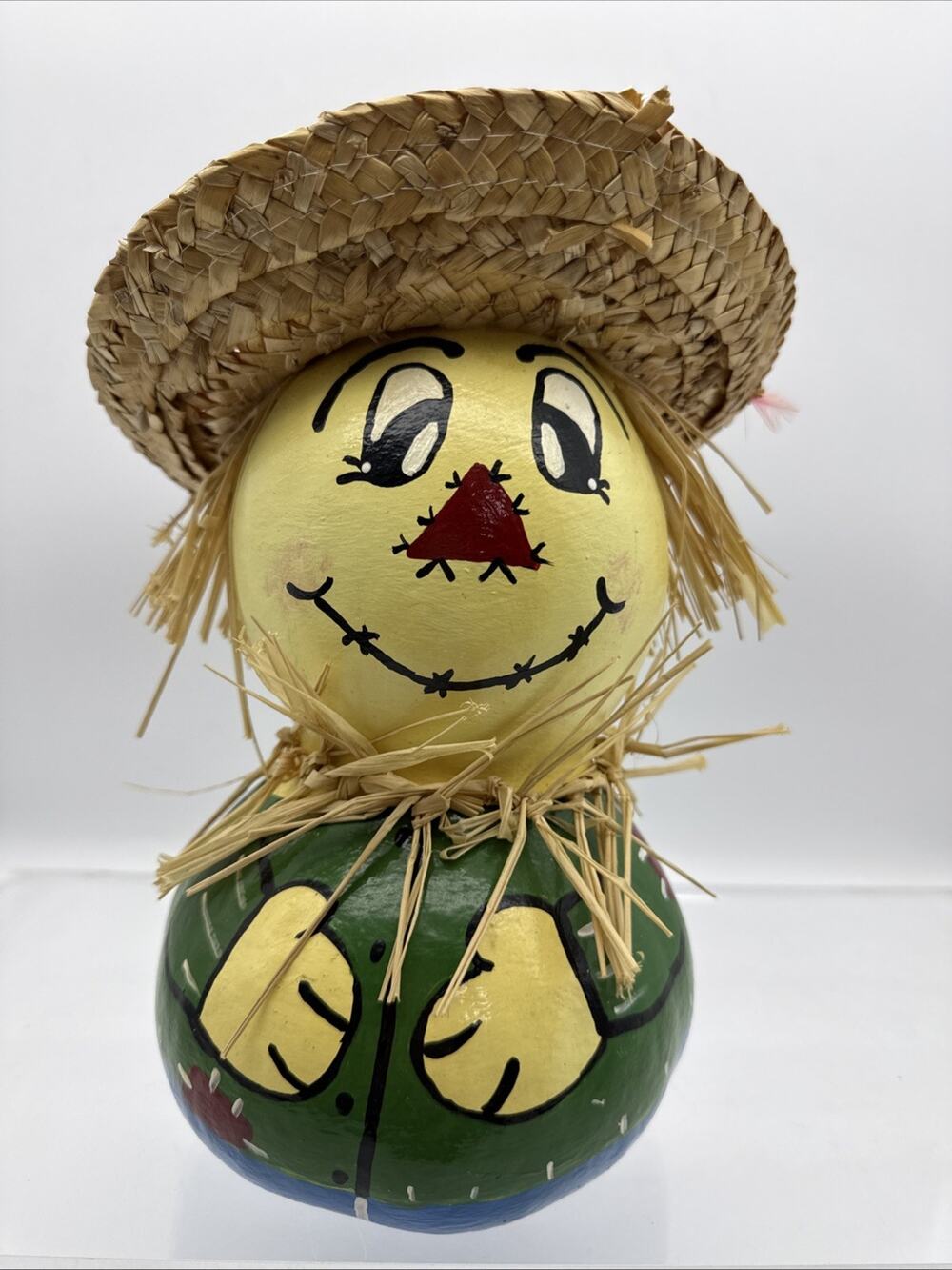 10.5” Hand Painted Gourd Scarecrow With Bird On Straw Hat Homemade Whimsical OZ